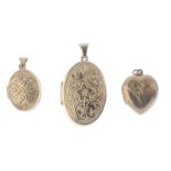 Three lockets. To include two of oval outline, the first with acanthus leaf and floral embossing, to