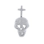 A novelty diamond pendant. The pave-set diamond skull, suspended from a brilliant-cut diamond