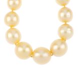 A South Sea cultured pearl single-strand necklace. Comprising a strand of twenty-nine graduated