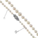 A cultured pearl necklace. Comprising a graduated series of seventy-five cultured pearls,