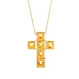 A citrine cross pendant. The square-shape citrine collet cross, suspended from an 18ct gold trace-