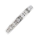 A platinum diamond half-circle eternity ring. Designed as an alternating baguette and brilliant-