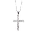 A diamond cross pendant. Designed as brilliant-cut diamond intersecting lines, suspended from a