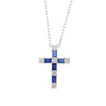 A sapphire and diamond cross pendant. The alternating brilliant-cut diamond and rectangular-shape