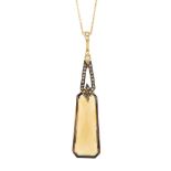 An 18ct gold smokey quartz and diamond pendant. The tapered rectangular-shape smokey quartz, with