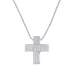 A diamond cross pendant. The pave-set diamond cross, suspended from a concealed surmount and rope-