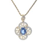 A sapphire and diamond pendant. Of openwork design, the oval-shape sapphire, within a brilliant-