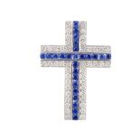 A sapphire and diamond cross pendant. The circular-shape sapphire overlapping lines, with