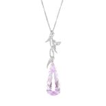 BOODLES - A platinum, kunzite and diamond pendant. The pear-shape kunzite, with pear-shape and