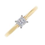 An 18ct gold diamond single-stone ring. The square-shape diamond, with tapered shoulders and plain