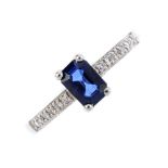 An 18ct gold sapphire and diamond ring. The rectangular-shape sapphire, with brilliant-cut diamond