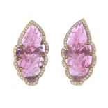 A pair of tourmaline and diamond earrings. Each designed as a carved pink tourmaline leaf, with