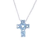 An 18ct gold topaz cross pendant. Comprising a series of square-shape blue topaz, suspended from a