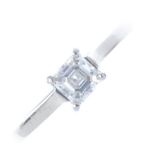 A platinum diamond single-stone ring. The Asscher-cut diamond, with plain band. Estimated diamond