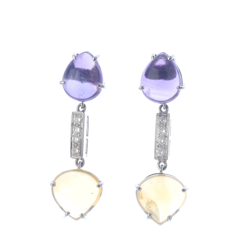 A pair of diamond, amethyst and citrine earrings. Each designed as a pear-shape citrine cabochon,