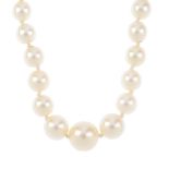 A cultured pearl single-strand necklace. Comprising a single strand of sixty-nine graduated cultured