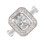 A platinum diamond dress ring. Designed as a rectangular-shape diamond, weighing 2.05cts, with