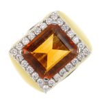 A citrine, diamond and enamel cocktail ring. The rectangular-shape citrine, with brilliant-cut