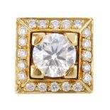 An 18ct gold diamond dress ring. The brilliant-cut diamond, with similarly-cut diamond square-