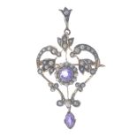 An early 20th century 9ct gold amethyst and split pearl pendant. The circular-shape amethyst and