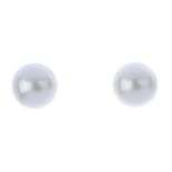 A pair of cultured pearl earrings. Each measuring 8.5mms. Weight 2.1gms. Overall condition good.