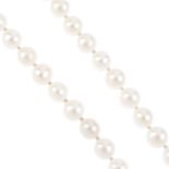 An 18ct gold cultured pearl single-strand necklace. Comprising a series of sixty-seven cultured