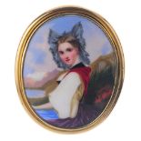 A portrait brooch. Of oval outline, depicting a lady in a period dress, with landscape background