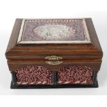 A late 19th century French rosewood cased table top 'casket' sewing box with fitted musical