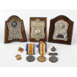 A selection of assorted medals and trophies, to include a First World War British War medal and