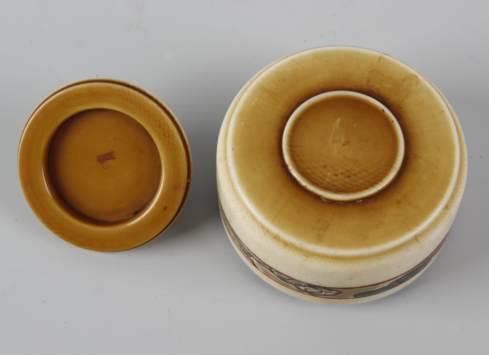 A Chinese ivory box and cover, of circular form with stepped domed cover, having etched and - Image 2 of 2