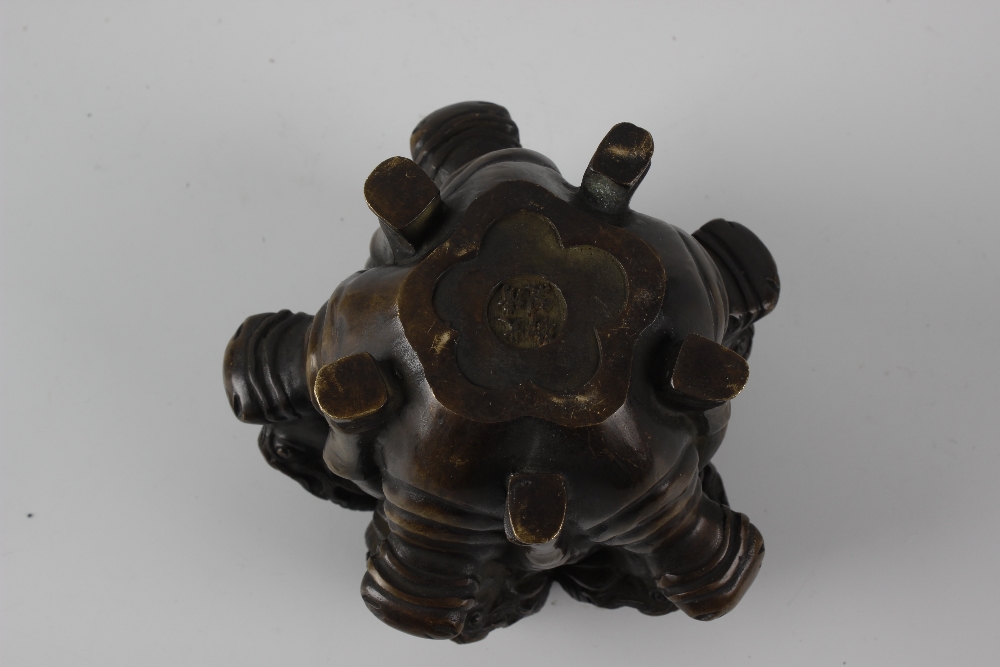 A Sino-Tibetan bronze incense burner and cover, the body modelled as five horned bulls facing - Image 2 of 2