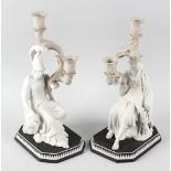 A superb pair of Wedgwood three-colour jasperware figural candelabra, respectively modelled as