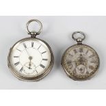 Two silver pocket watches, the first having a white Roman dial, and subsidiary seconds dial to VI,