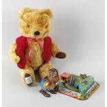 A box containing a Chad Valley gold plush teddy bear, 14 (36cm) tall, another Chad Valley '