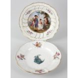 Two 19th century Meissen porcelain dishes, each decorated with central figural scenes, plus a pot