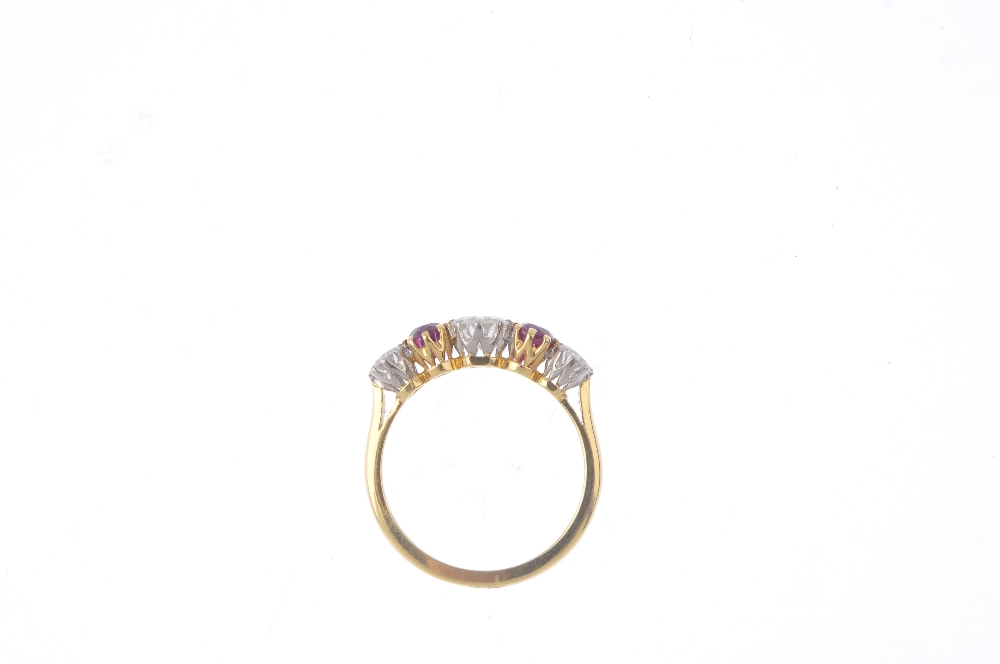 An 18ct gold diamond and ruby five-stone ring. The alternating, graduated brilliant-cut diamond - Image 2 of 4