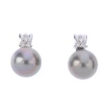 A pair of cultured pearl and diamond earrings. Each designed as a grey cultured pearl, measuring 9.