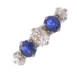 A mid 20th century diamond and sapphire five-stone ring. The alternating graduated old-cut diamond