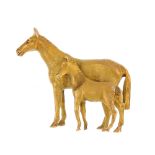 A 9ct gold brooch. Designed as a textured horse, with foal by its side. Maker's marks for