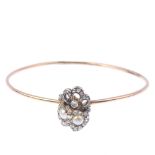 A split-pearl and diamond bangle. The split pearl and rose-cut diamond overlapping twin hearts, with