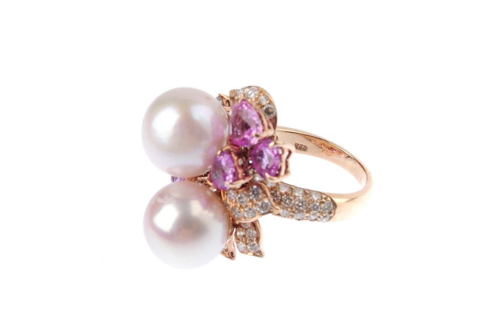 A South Sea Cultured pearl, diamond and sapphire dress ring. The twin South Sea cultured pearls, - Image 5 of 5