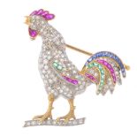 A diamond and gem-set novelty brooch. The old-cut diamond cockerel, with calibre-cut ruby comb and