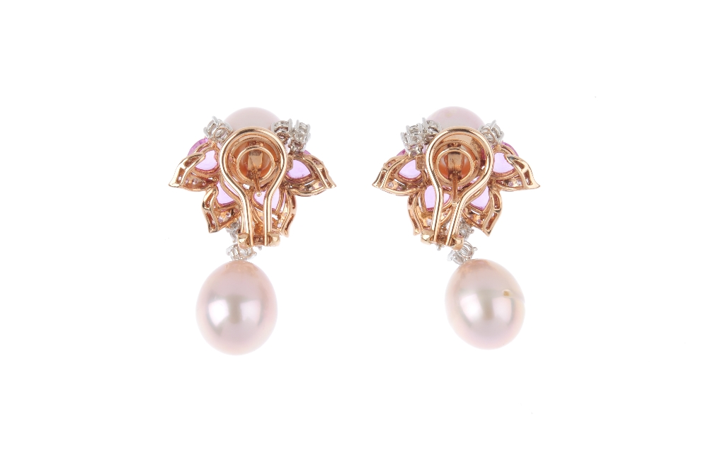 A pair of gem-set floral earrings. Each designed as a cultured pearl, suspended from a brilliant-cut - Image 2 of 2