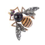 An early 20th century gold and silver diamond and multi-gem bee brooch. The black enamel and