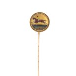 A reverse-carved intaglio stickpin. The cabochon, carved and painted to depict a jockey on horseback