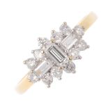 An 18ct gold diamond cluster ring. The rectangular-cut diamond and baguette-cut diamond sides, all