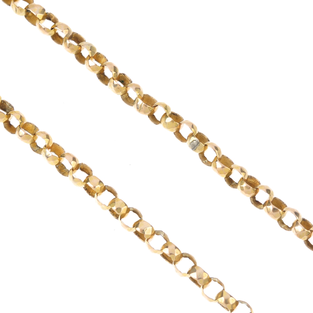 A late Victorian gold longuard chain, circa 1880. Designed as a series of faceted belcher-links,