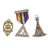 Masonic, three silver-gilt jewels, star in garter, eagle on setsquare, N over triangle, with Masonic