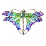 A gem and plique-a-jour butterfly brooch. The wings in green and purple plique-a-jour enamel and