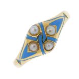 A George III 18ct gold split pearl and enamel ring. The split pearl quatrefoil around a blue